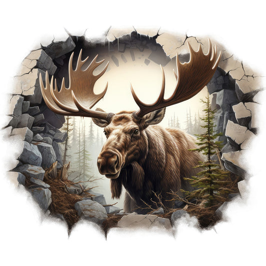 moose, breaking through, fabric panel, brown, tan, beige, gray, antlers, wildlife, forest scene, evergreen trees, cracked wall effect, realistic art, nature theme, outdoor scene, animal portrait, earth tones, wilderness, dramatic lighting, quilting cotton