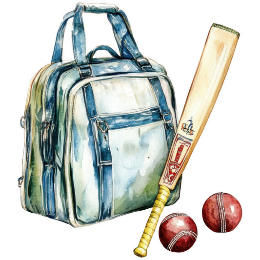 cricket, sports, vintage, traditional, navy blue, cream, red, wooden bat, leather ball, duffel bag, travel, british, english, athletic, preppy, nostalgic, retro, hobby, recreation, collectible, illustration, watercolor, classic style, gentleman, heritage, timeless, summer sport