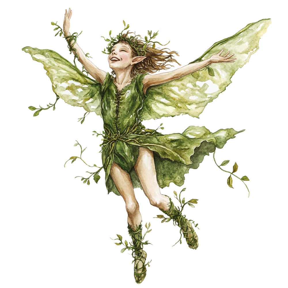 sage green, leaf green, cream, nature, fairy, fantasy, whimsical, botanical, wings, leaves, vines, spring, summer, garden, magical, enchanted, storybook, illustration, character panel, nature sprite, forest fairy, woodland, ethereal, dreamy, children's, adventure, playful, character fabric