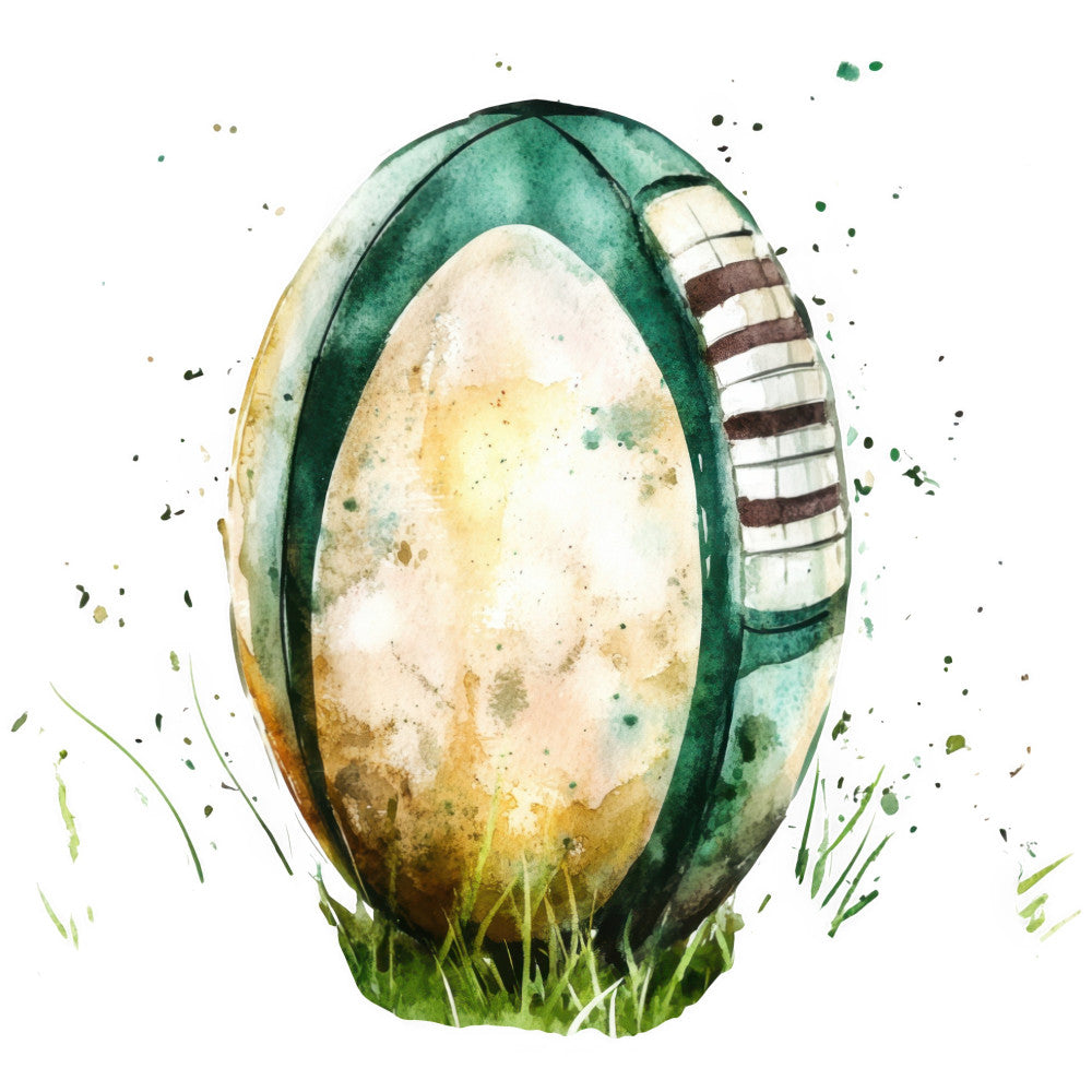 forest green, cream, beige, golden yellow, brown, striped, rugby ball, sports, nature, whimsical, illustrative, watercolor, egg, oval, spring, nursery, baby, children's, playful, quirky, artistic, painted, textured, grass, athletic, vintage, nostalgic, pastoral, gentle