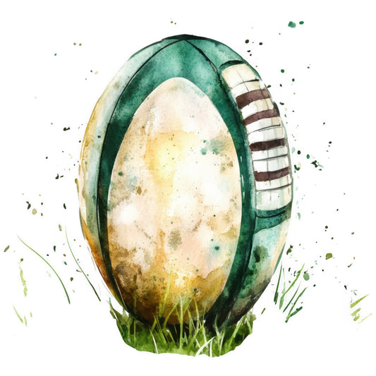 forest green, cream, beige, golden yellow, brown, striped, rugby ball, sports, nature, whimsical, illustrative, watercolor, egg, oval, spring, nursery, baby, children's, playful, quirky, artistic, painted, textured, grass, athletic, vintage, nostalgic, pastoral, gentle