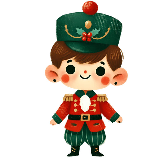 christmas, holiday, nutcracker, soldier, festive, red, forest green, dark green, gold, cream, whimsical, vintage, character design, toy soldier, marching band, military uniform, epaulettes, holly berries, decorative hat, children's theme, retro style, playful, cheerful, decorative character, christmas decor, traditional holiday, winter, seasonal, cute character, illustrated