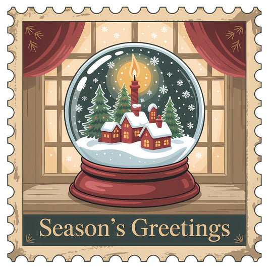 Vintage Christmas Stamps Fabric Panel 19 featuring a snowy village scene inside a candlelit snow globe with Season's Greetings text.