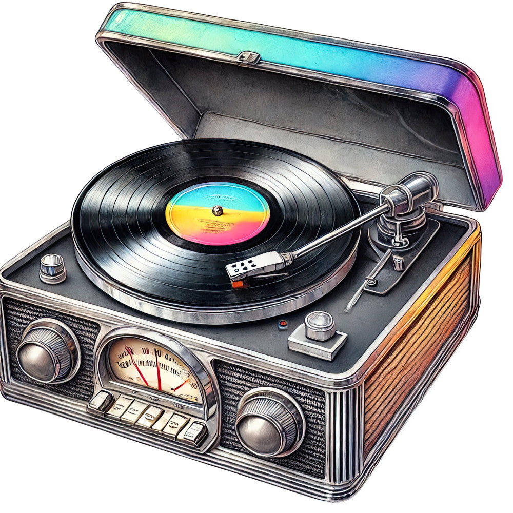 vintage record player, turntable, retro music, vinyl record, rainbow gradient, iridescent, magenta, purple, cyan, turquoise, yellow, orange, wood grain, nostalgic, 1970s, 1980s, mid-century modern, music themed, analog, entertainment, steampunk, mechanical, vintage electronics, antique, collectible, music lover, colorful, gradient blend, metallic accents, boho chic