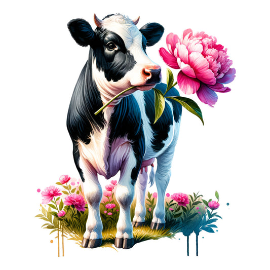 black and white cow, pink peony flower, watercolor style, farm animal, floral design, fabric panel, quilting cotton, pastoral scene, spring flowers, cow with flower, pink blooms, green leaves, whimsical art, dairy cow, botanical elements, soft colors, nature theme, country style, fabric craft, animal portrait