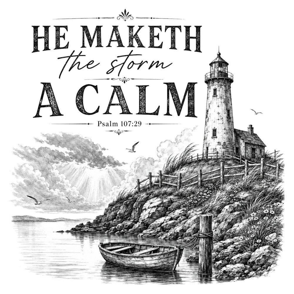 black and white, cream, grayscale, nautical, lighthouse, coastal, inspirational, scripture, psalm, vintage, engraving, sketch, monochrome, seascape, sailboat, ocean, maritime, religious, spiritual, farmhouse, rustic, elegant, traditional, landscape, birds, water, rocky shore, fence, cottage, stormy sky