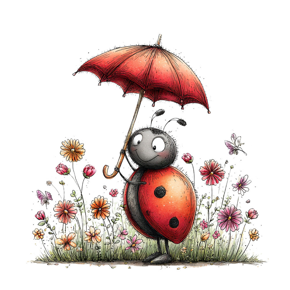 ladybug, red, black, whimsical, umbrella, flowers, nature, spring, summer, garden, insects, cute, children's, kids, charming, illustration, watercolor, daisies, cosmos flowers, pastoral, playful, animal, bug, raindrop, colorful, pastoral theme, woodland creatures, storybook, decorative, joy