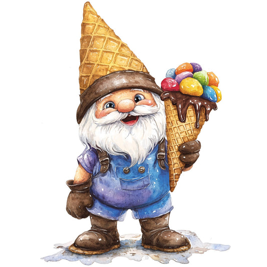 gnome, ice cream cone, whimsical, chocolate brown, cornflower blue, cream white, colorful candies, garden gnome, playful, children's, novelty, summer, sweet treats, dessert theme, cheerful, bright colors, folk art style, decorative panel, character fabric, fantasy, magical, fun, cute, illustrated, vintage style, rainbow colors, candy themed