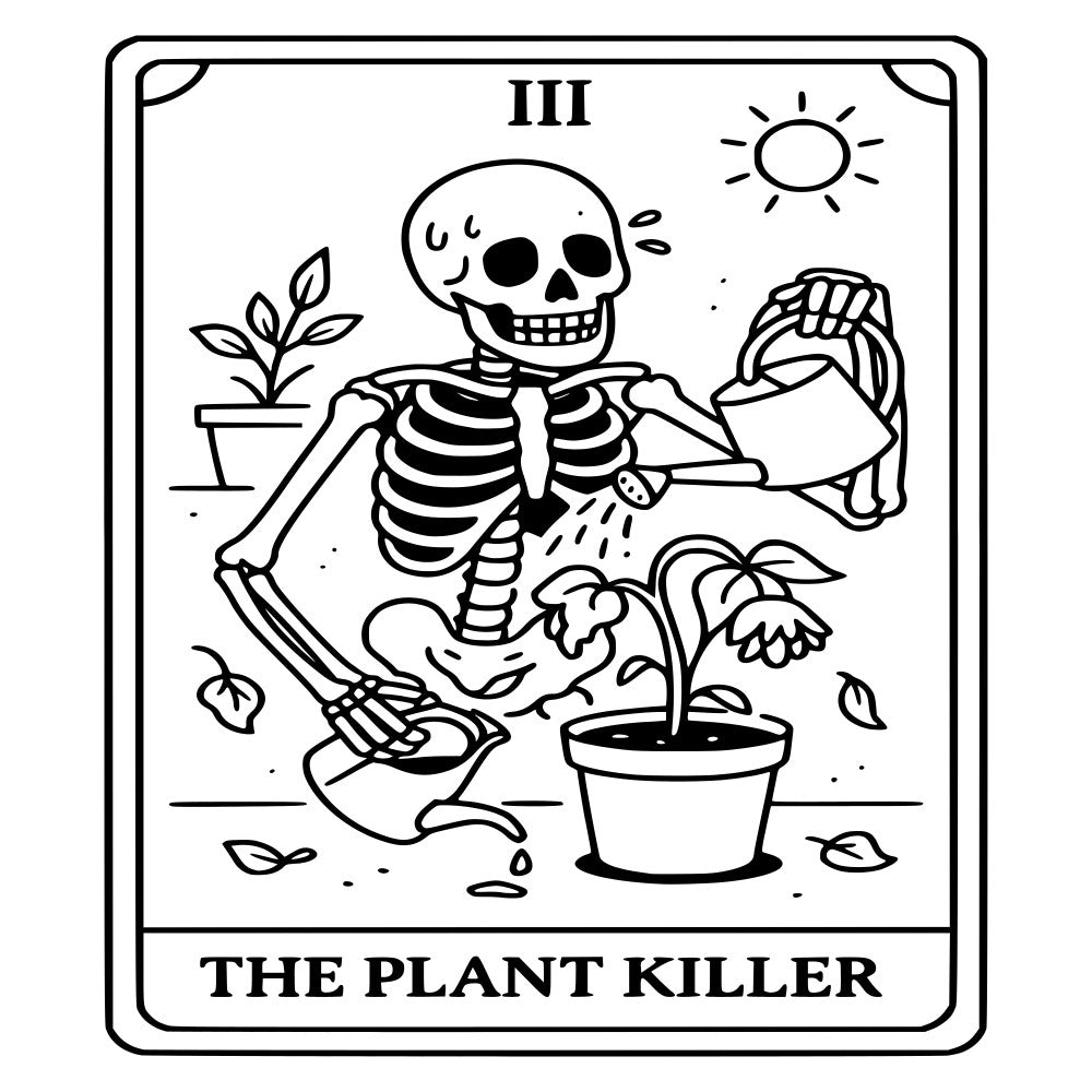 skeleton, tarot, witchy, occult, dark humor, goth, gothic, black and white, monochrome, plant lover, gardening, humorous, novelty, spooky, celestial, sun, bones, anatomical, dark aesthetic, alternative, edgy, quirky, botanical, houseplants, illustration, line art, vintage tarot, macabre, darkly comedic, wall hanging