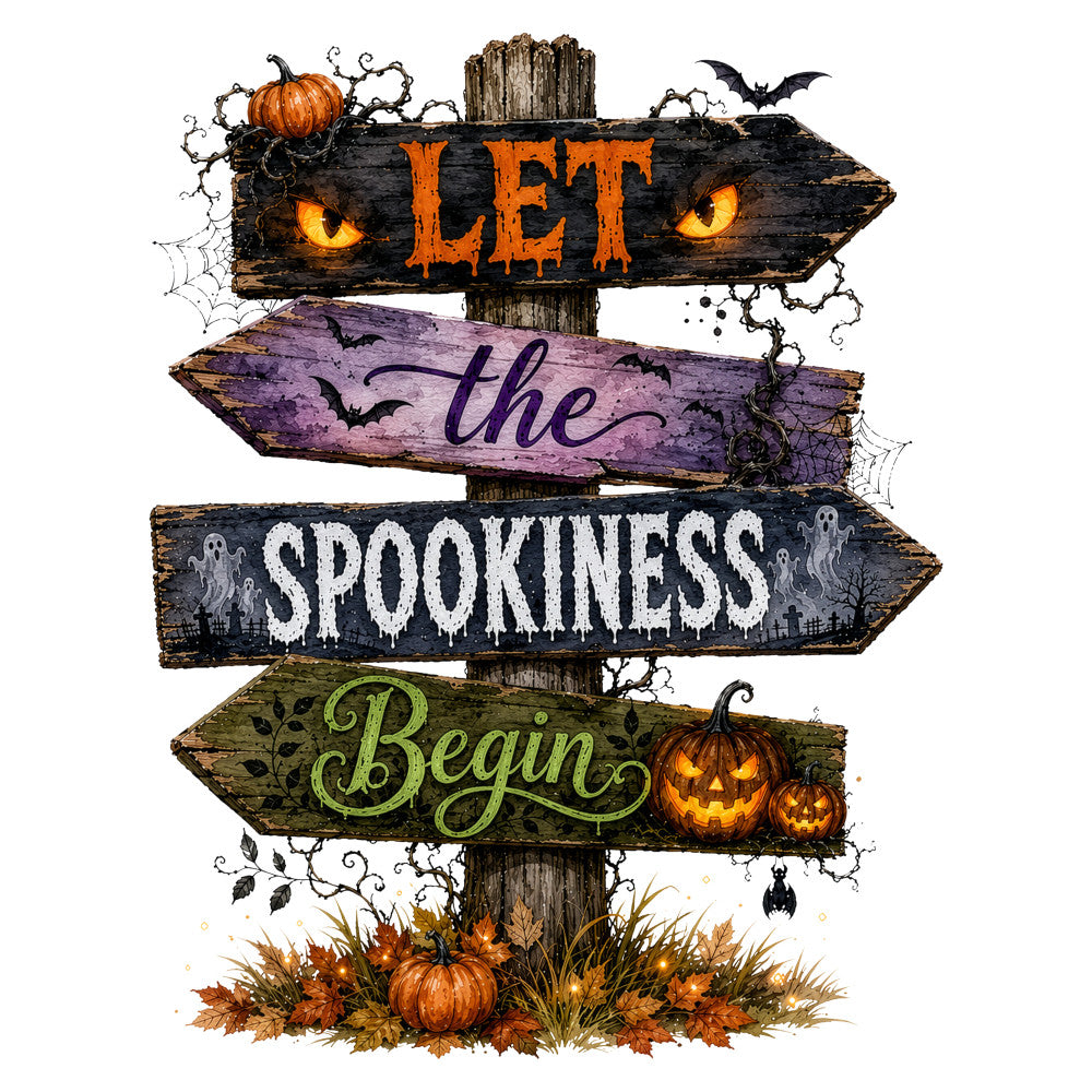 halloween, spooky, trick or treat, pumpkin, jack-o-lantern, bat, ghost, spider web, fall, autumn, orange, black, purple, dark gray, green, rustic, vintage, directional sign, signpost, seasonal, holiday, spooky season, haunted, october, festive, whimsical, creepy, eerie, home decor, wall hanging