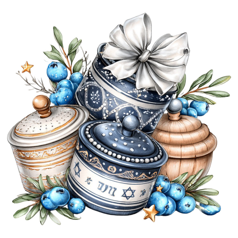 navy blue, white, gold, bronze, blueberry, cream, star of david, blueberries, olive branches, white bow, decorative containers, hanukkah, jewish, holiday, elegant, whimsical, traditional, vintage, celestial stars, pearl details, ornamental, festive, hanukkah decor, religious, cultural, sophisticated, decorative, heritage, ceremonial, gift theme