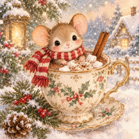 winter mouse, christmas, holiday, snow scene, hot chocolate, cozy, festive, red and white striped scarf, cinnamon sticks, marshmallows, whimsical, vintage illustration, storybook, children's, cute animals, rodent, winter village, snowy landscape, cottage core, traditional, cream, red, gold accents, holly berries, pine branches, nostalgic, seasonal, baby quilt, wall hanging, holiday decor