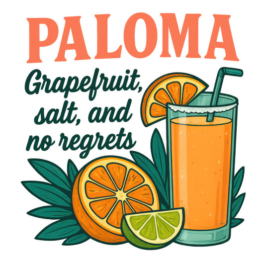 coral orange, teal green, lime green, yellow, paloma cocktail, grapefruit slice, lime wedge, cocktail glass, drinking straw, tropical leaves, citrus fruit, mixed drinks, beverage theme, retro illustration, summer vibes, fabric panel, quilting cotton, bar theme, refreshing drinks, vintage style