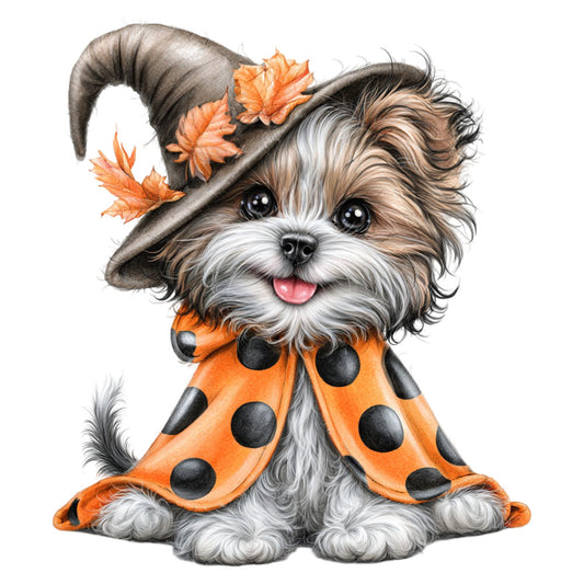 autumn dog, fall leaves, orange and black, witch hat, shih tzu, cute puppy, holiday costume, halloween, whimsical animals, festive dog, polka dots, cozy autumn, seasonal decoration, animal theme, charming pet, fluffy dog, bronze brown, cream white, playful style, children's fabric, wall hanging, decorative panel, fall season, festive design, adorable illustration, novelty print, pet lover, cottage style, folk art