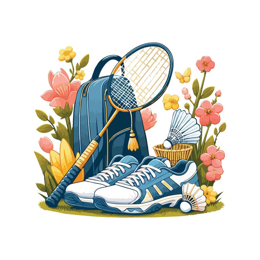 navy blue, coral pink, golden yellow, white, sports themed, badminton, tennis racket, athletic shoes, sneakers, flowers, floral, butterflies, nature, recreational sports, outdoor activities, whimsical, playful, spring, summer, active lifestyle, hobby themed, hobby inspired, badminton racket, sports equipment, pastels, illustrated, decorative, children's design, youth themed