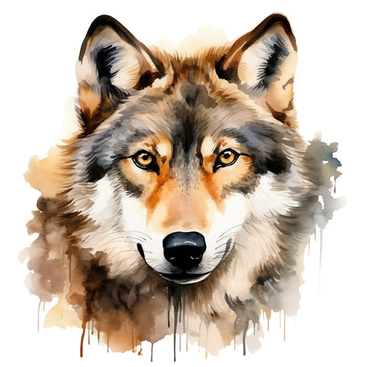 wolf portrait, watercolor style, brown tones, gray fur, orange accents, amber eyes, black nose, animal face, wildlife art, realistic wolf, dripping paint, artistic brushstrokes, nature theme, wilderness, fabric panel, quilting cotton, earth tones, warm colors, animal lover, rustic style