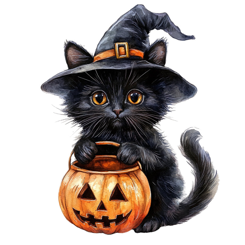 black cat, orange pumpkin, witch hat, halloween, autumn, fall, spooky, orange and black, golden yellow eyes, jack-o-lantern, holiday, festive, whimsical, cute, animal print, seasonal, trick or treat, halloween costume, pumpkin patch, october, dark theme, traditional halloween, charming, children's, playful, festive holiday, orange accents, black fur, decorative panel, wall hanging