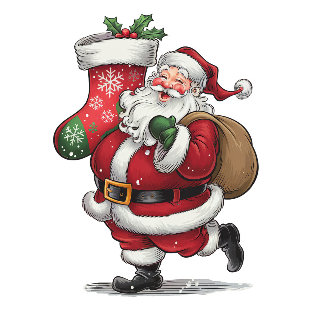 santa claus, christmas stocking, holly berries, red suit, white beard, snowflakes, festive pattern, holiday theme, cartoon style, cheerful santa, gift sack, winter motif, red and green, fabric panel, quilting cotton, christmas crafting, jolly character, seasonal fabric, white fur trim, black boots