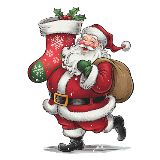 santa claus, christmas stocking, holly berries, red suit, white beard, snowflakes, festive pattern, holiday theme, cartoon style, cheerful santa, gift sack, winter motif, red and green, fabric panel, quilting cotton, christmas crafting, jolly character, seasonal fabric, white fur trim, black boots