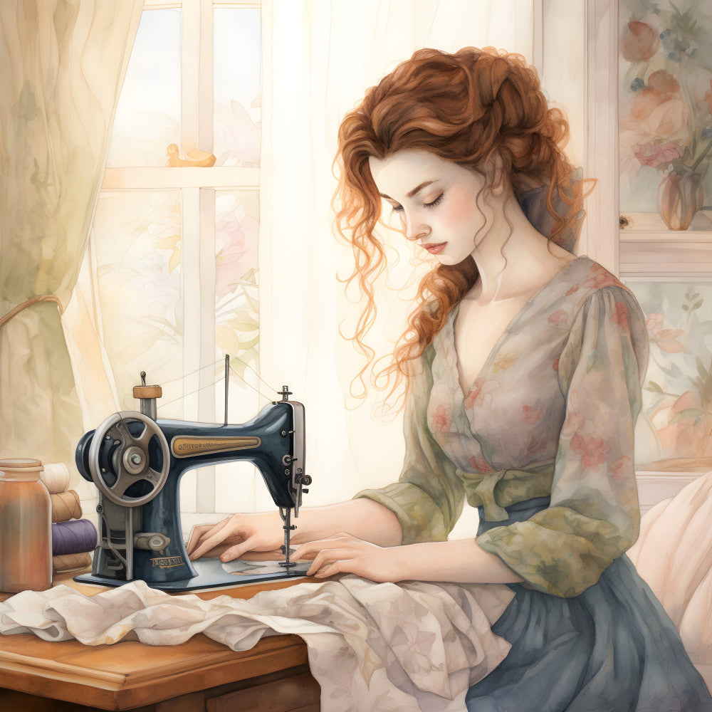 vintage woman, sewing theme, retro sewing machine, cottage core, steampunk, dusty rose, sage green, cream, taupe, warm tones, nostalgic, victorian, traditional, elegant, feminine, floral wallpaper, sewing notions, thread spools, historical, crafting, DIY, heritage, romantic, soft muted colors, sepia tones, home decor, quilter gift