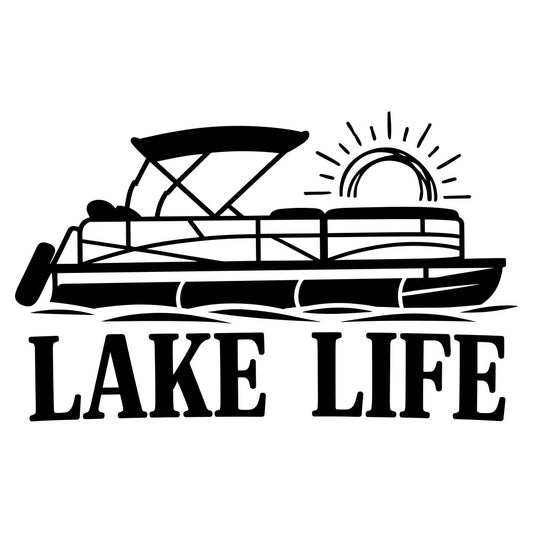 lake life, pontoon boat, nautical, water, summer, black and white, monochrome, sunset, sunrise, sun, boating, recreation, outdoor, vacation, leisure, coastal, lakehouse, dock, relaxation, typography, text design, silhouette, line art, minimalist, contemporary, casual, lifestyle, travel, adventure, water sports