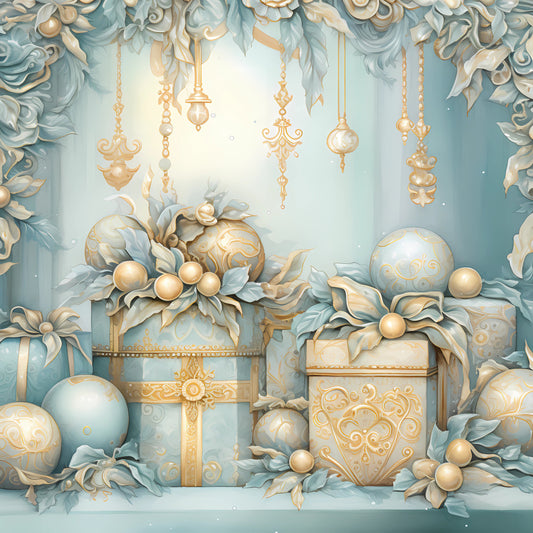 Light Blue and Gold Christmas Fabric Panel 11