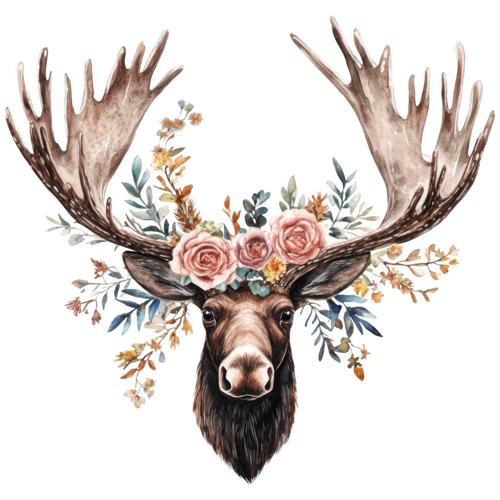 moose head, floral crown, pink roses, autumn leaves, antlers, watercolor style, fabric panel, quilting cotton, woodland animal, botanical design, sage green, dusty rose, brown tones, nature motif, deer family, rustic charm, forest creature, flower arrangement, craft fabric, sewing panel