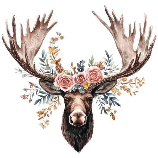 moose head, floral crown, pink roses, autumn leaves, antlers, watercolor style, fabric panel, quilting cotton, woodland animal, botanical design, sage green, dusty rose, brown tones, nature motif, deer family, rustic charm, forest creature, flower arrangement, craft fabric, sewing panel