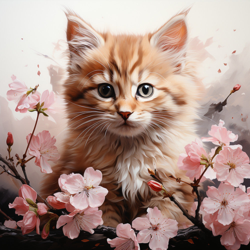 Watercolor Cats with Flowers Fabric Panel 3 features a detailed watercolor painting of a fluffy kitten surrounded by delicate pink blossoms.