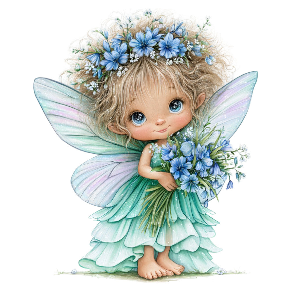 fairy, whimsical, fantasy, blue flowers, floral, nature, garden, wings, butterfly wings, iridescent, magical, dreamy, children's, baby, soft pastels, pale blue, sage green, mint green, lavender, cream, white flowers, daisy, enchanted, storybook, illustration, spring, summer, baby quilt, nursery, wall hanging