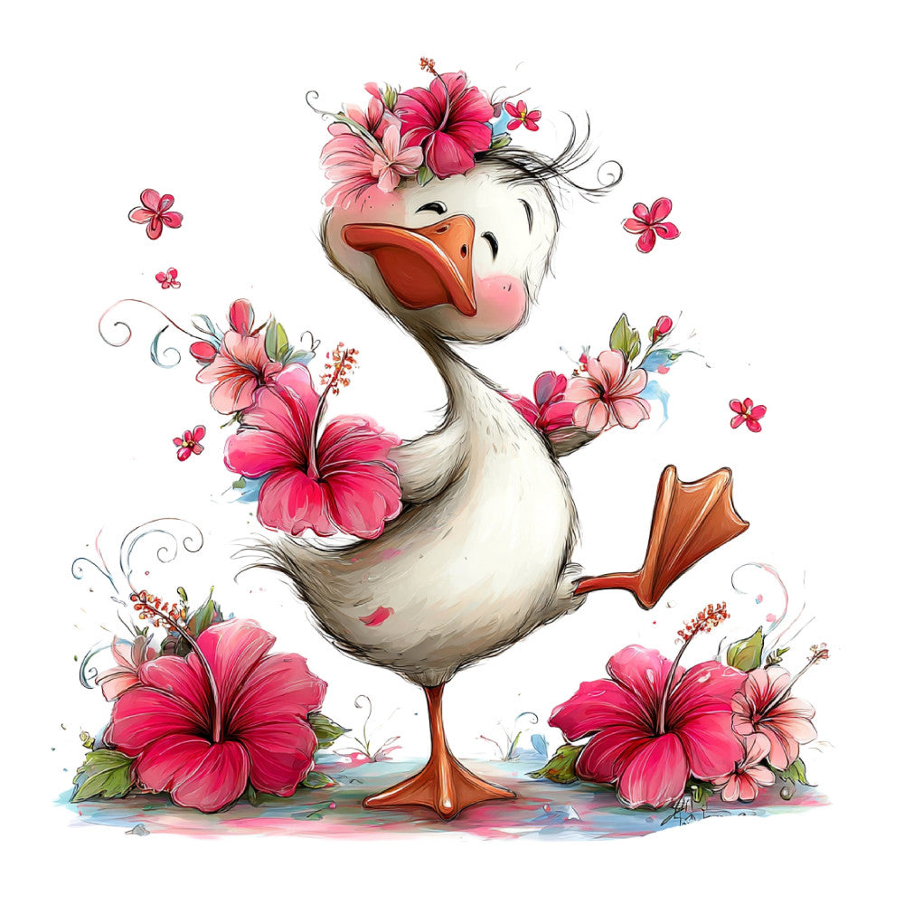 whimsical goose, hot pink flowers, coral pink, cream white, spring florals, cheerful animals, hibiscus flowers, bird design, farmhouse style, playful illustration, children's fabric, nursery decor, floral animal, decorative panel, cute characters, garden flowers, vibrant colors, whimsical style, nature themed, botanical design, character fabric, fun animals, colorful florals, children's print, happy goose, bright pink, charming illustration, spring garden, animal motif, girl's fabric