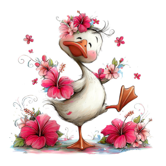 whimsical goose, hot pink flowers, coral pink, cream white, spring florals, cheerful animals, hibiscus flowers, bird design, farmhouse style, playful illustration, children's fabric, nursery decor, floral animal, decorative panel, cute characters, garden flowers, vibrant colors, whimsical style, nature themed, botanical design, character fabric, fun animals, colorful florals, children's print, happy goose, bright pink, charming illustration, spring garden, animal motif, girl's fabric
