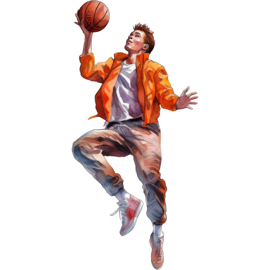 basketball, sports, action, jumping, dynamic, orange, purple, blue, red, white, athletic, youth, boy, male figure, casual wear, sporty style, modern, contemporary, illustration, realistic, detailed shading, energetic, motion, playful, street style, urban, teen, young adult, active lifestyle