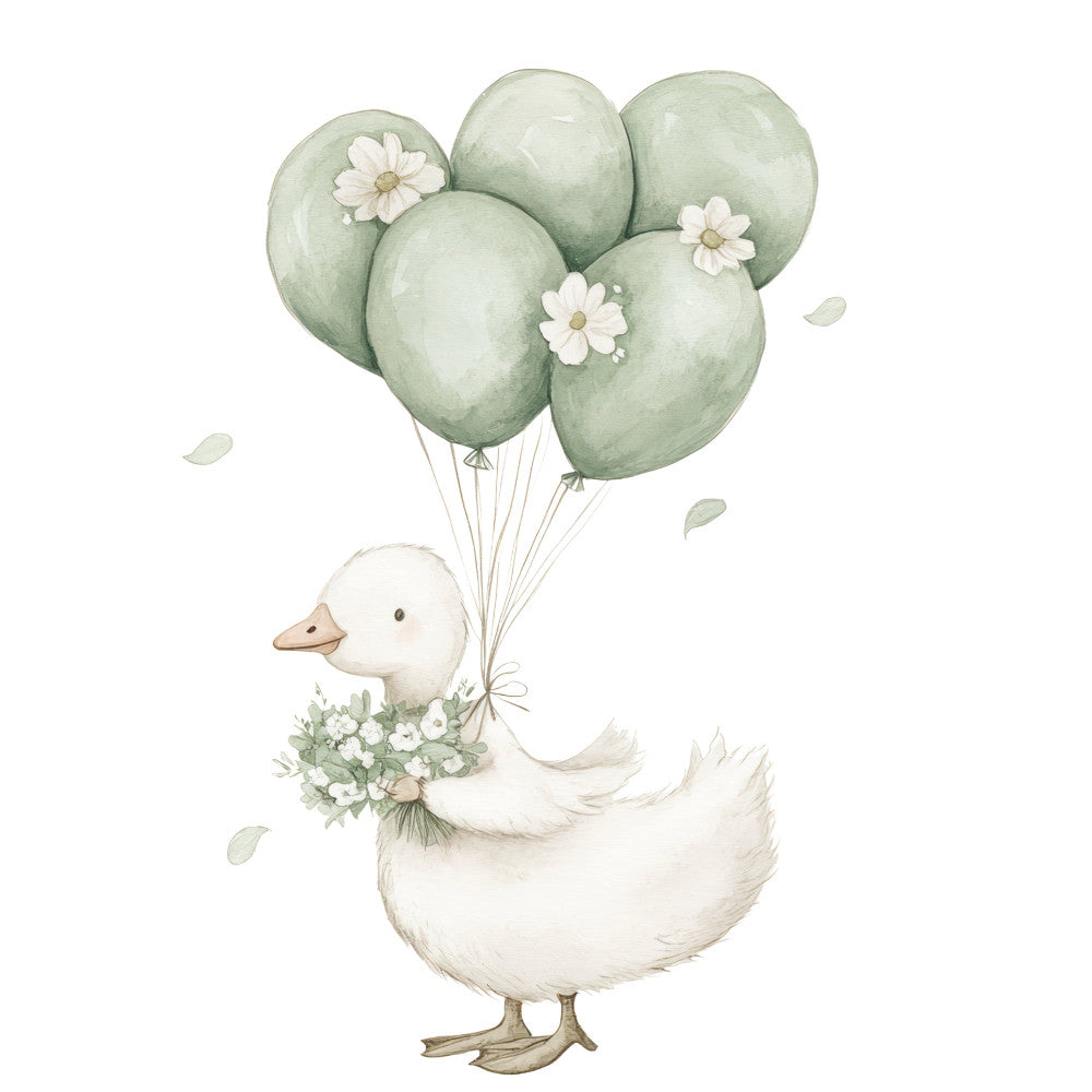 sage green, white, soft green, cream, pastel colors, floral, nature, animals, duck, goose, balloons, whimsical, nursery, baby, spring, gentle, soft, botanical, flowers, daisies, daisy print, feminine, sweet, cute, storybook, children's, baby quilt, wall hanging, illustrated, watercolor style