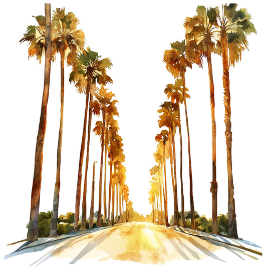 watercolor style, palm trees, golden yellow, warm orange, brown trunks, sunset lighting, california street, tropical scene, fabric panel, quilting cotton, warm tones, peaceful mood, nature design, summer vibes, coastal theme, tree-lined road, artistic illustration, soft pastels, vacation feel