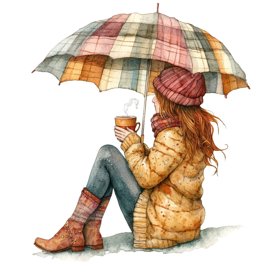 autumn, fall, cozy, whimsical, plaid, checkered, girl with umbrella, rainy day, warm colors, rust orange, dusty rose, cream, sage green, slate blue, vintage, storybook illustration, charming, nostalgic, children's, young girl, hot beverage, coffee cup, knit hat, boots, cheerful, illustrated, watercolor style, seasonal, cool weather, comfort