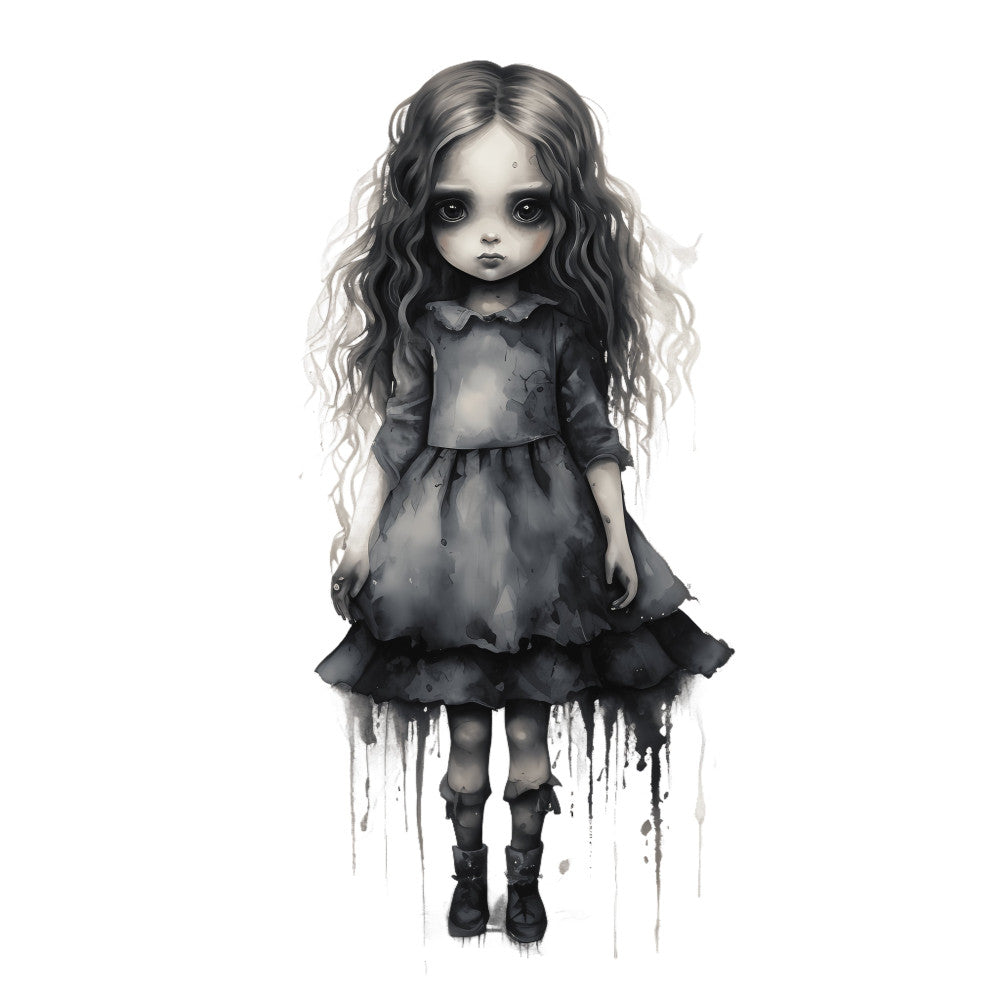 gothic, dark fantasy, monochrome, grayscale, charcoal gray, black, pale skin, haunting, ethereal, whimsical, alternative, dark aesthetic, girl portrait, doll-like, sad expression, melancholic, creepy, eerie, dark illustration, watercolor style, ink wash, atmospheric, moody, mysterious, goth fashion, dark clothing, layered skirt, boots, long wavy hair, portrait panel