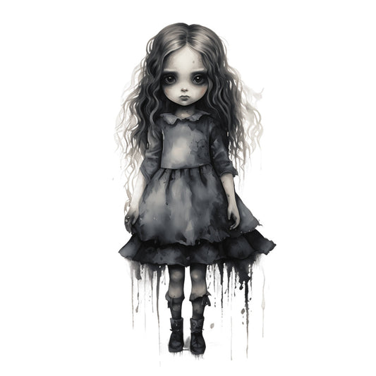 gothic, dark fantasy, monochrome, grayscale, charcoal gray, black, pale skin, haunting, ethereal, whimsical, alternative, dark aesthetic, girl portrait, doll-like, sad expression, melancholic, creepy, eerie, dark illustration, watercolor style, ink wash, atmospheric, moody, mysterious, goth fashion, dark clothing, layered skirt, boots, long wavy hair, portrait panel
