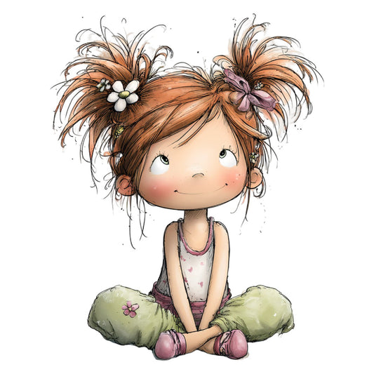 brown hair, pigtails, whimsical, children's, girl, cute, playful, floral bows, white flowers, mauve pink, sage green, blush pink, tan skin tone, illustration style, storybook, nursery, baby, cheerful, innocent, sweet, spring, embellished details, character panel, decorative arts, pastel colors, young child, smiling face, charming, innocent theme