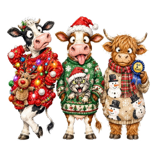 christmas, holiday, cow, cattle, highland cattle, festive, whimsical, cute, animals, farm animals, red, green, cream, brown, gold, sweater pattern, knit pattern, santa hat, santa, reindeer, snowman, snowflake, plaid, tartan, humorous, funny, cheerful, winter, seasonal, children's