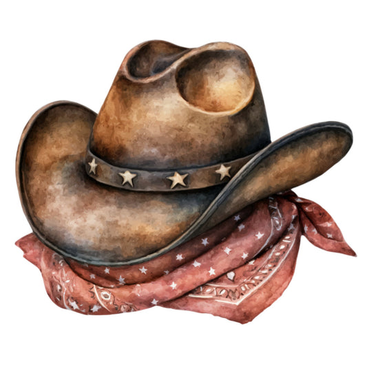 cowboy hat, western, rustic, brown, tan, dusty rose, rust red, stars, bandana, paisley, farmhouse, country, vintage, traditional, southwest, rodeo, american west, western wear, homestead, folk art, decorative, home decor, wall hanging, americana, distressed, earthy tones, cream, burnt sienna