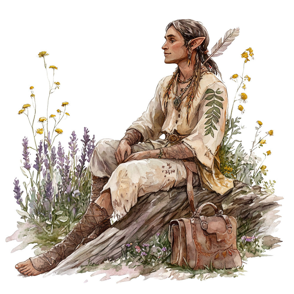 lavender, golden yellow, cream, sage green, brown, earthy tones, botanical, floral, nature, vintage, bohemian, rustic, indigenous, cultural, figure, portrait, seated figure, wildflowers, herbs, natural elements, spring, summer, earth tones, boho, folk art, illustrated, peaceful, serene, contemplative, crafted look