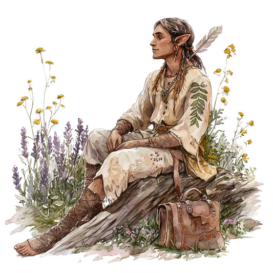 lavender, golden yellow, cream, sage green, brown, earthy tones, botanical, floral, nature, vintage, bohemian, rustic, indigenous, cultural, figure, portrait, seated figure, wildflowers, herbs, natural elements, spring, summer, earth tones, boho, folk art, illustrated, peaceful, serene, contemplative, crafted look