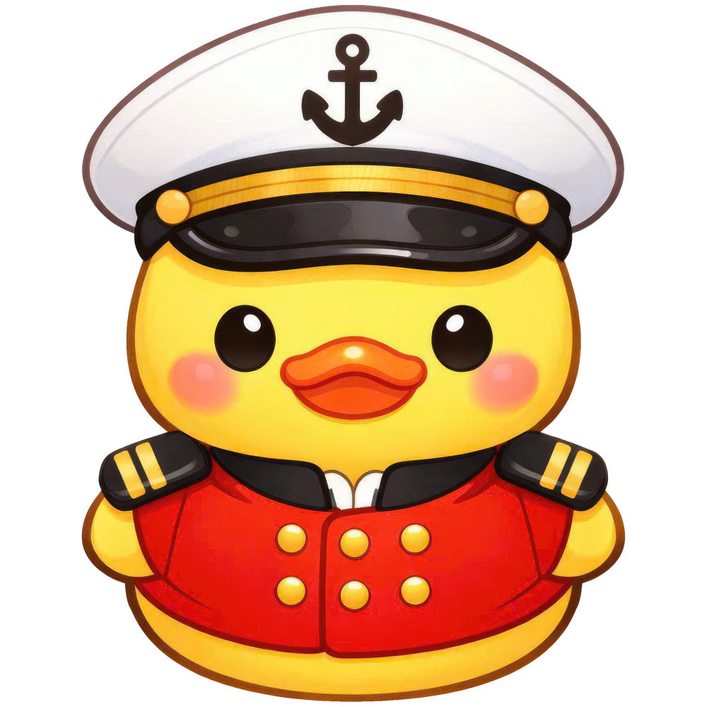 yellow duck, nautical, sailor duck, captain hat, anchor, red uniform, gold buttons, navy accents, white sailor hat, cute animals, whimsical, children's, baby quilt, kawaii, bright yellow, coral orange, maritime theme, coastal, nursery, playful, adorable character, military uniform, epaulettes, decorative panel, cheerful, friendly, ocean themed