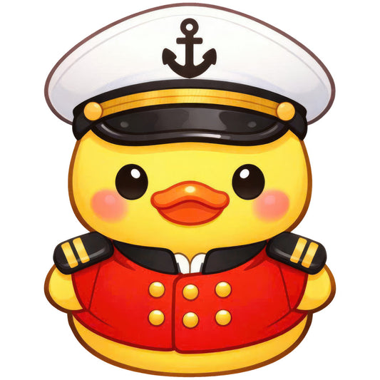yellow duck, nautical, sailor duck, captain hat, anchor, red uniform, gold buttons, navy accents, white sailor hat, cute animals, whimsical, children's, baby quilt, kawaii, bright yellow, coral orange, maritime theme, coastal, nursery, playful, adorable character, military uniform, epaulettes, decorative panel, cheerful, friendly, ocean themed