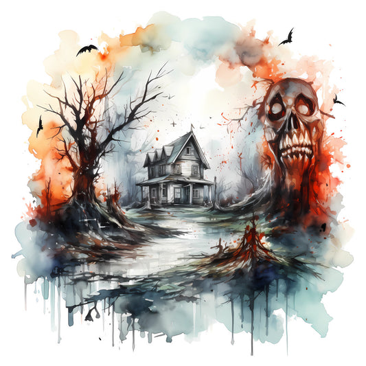 halloween, spooky, haunted house, skull, dark orange, burnt orange, rust, cream, pale blue, gray, charcoal, watercolor, gothic, eerie, mysterious, autumn, fall, creepy, horror, vintage, artistic, moody, dead trees, bats, gothic horror, dark fantasy, macabre, cemetery, haunted, spooky house