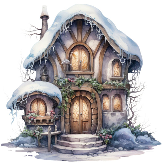 Watercolor Winter Houses Fabric Panel 45