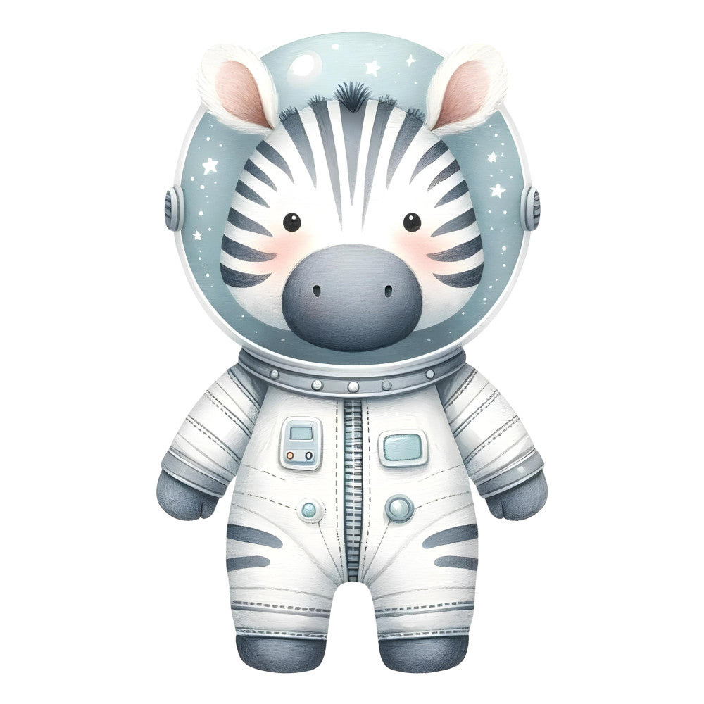 astronaut zebra, space theme, celestial, stars, moon, light blue, dusty blue, white, gray, grey, whimsical, cute animals, baby, nursery, children's, kid-friendly, modern, playful, adventure, explorer, space suit, helmet, cosmic, nighttime, sweet dreams, bedtime, baby quilt, wall hanging, gender-neutral, soft colors