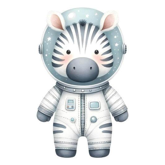 astronaut zebra, space theme, celestial, stars, moon, light blue, dusty blue, white, gray, grey, whimsical, cute animals, baby, nursery, children's, kid-friendly, modern, playful, adventure, explorer, space suit, helmet, cosmic, nighttime, sweet dreams, bedtime, baby quilt, wall hanging, gender-neutral, soft colors