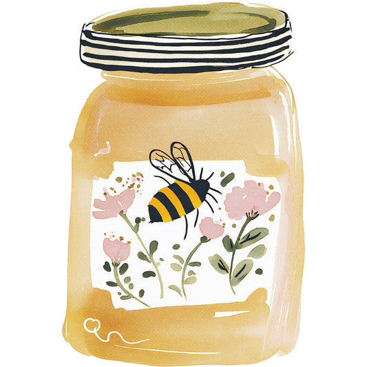 honey yellow, cream, soft pink, dusty rose, navy blue, white, sage green, olive green, bee, flowers, floral, nature, botanical, spring, summer, whimsical, sweet, charming, cottage core, farmhouse, striped lid, jar, honey jar, bees and flowers, illustrated, watercolor style, garden, pollinators, insects, nature themed